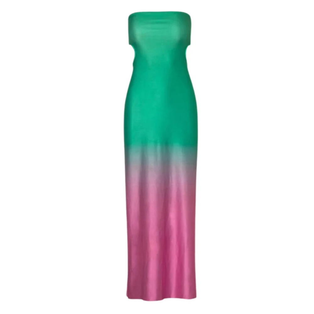 Baobab Mambo Cosmo Green-to-Pink Ombre Strapless Maxi Dress